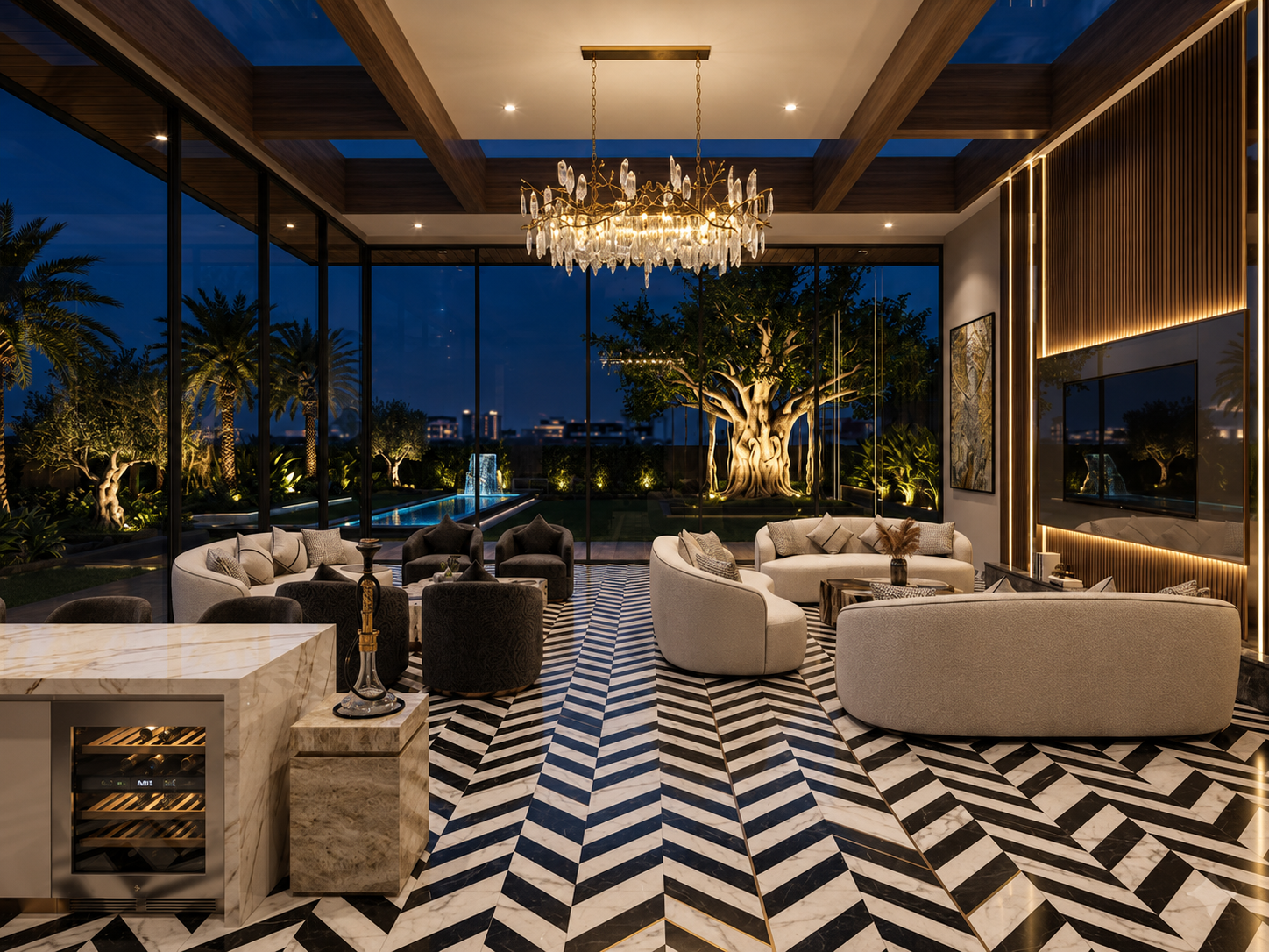 AC gazebo — cool, glass-walled lounge on the terrace