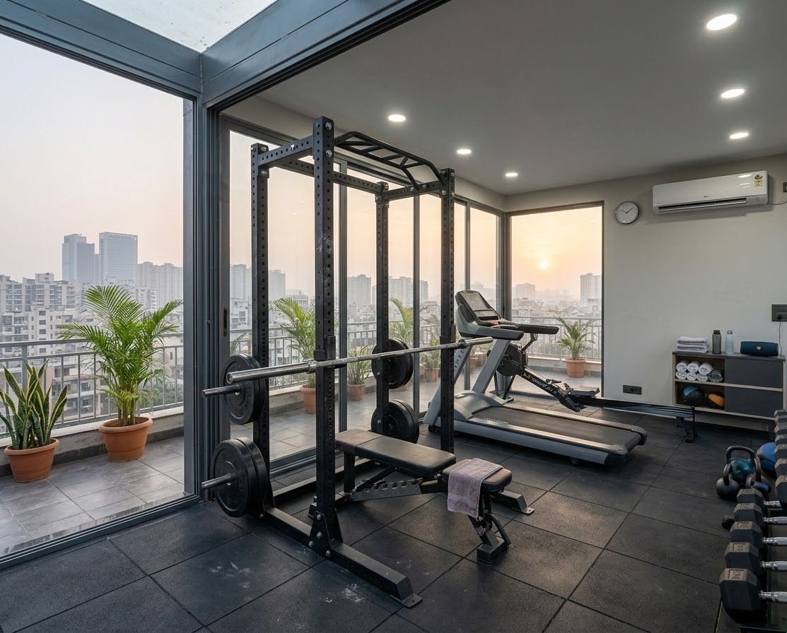 AC gazebo configured as a private gym