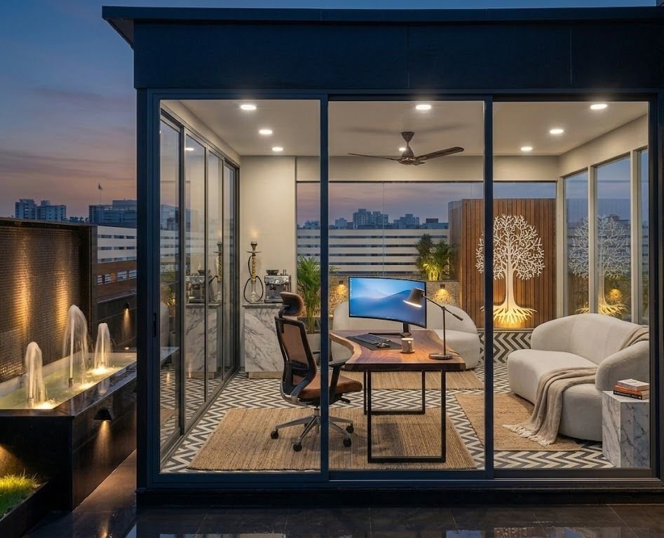 AC gazebo used as a glass-walled home office with terrace views