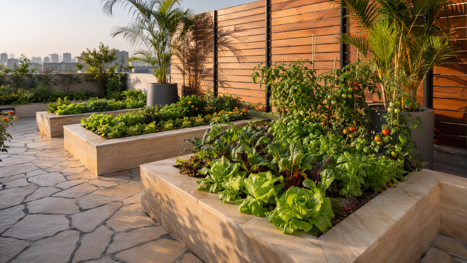 Vegetables and herbs growing in raised beds on a Delhi rooftop