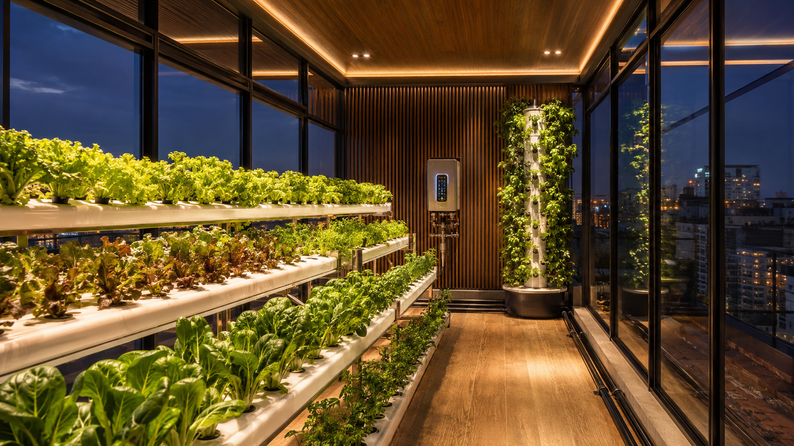 Hydroponic growing towers on a terrace kitchen garden