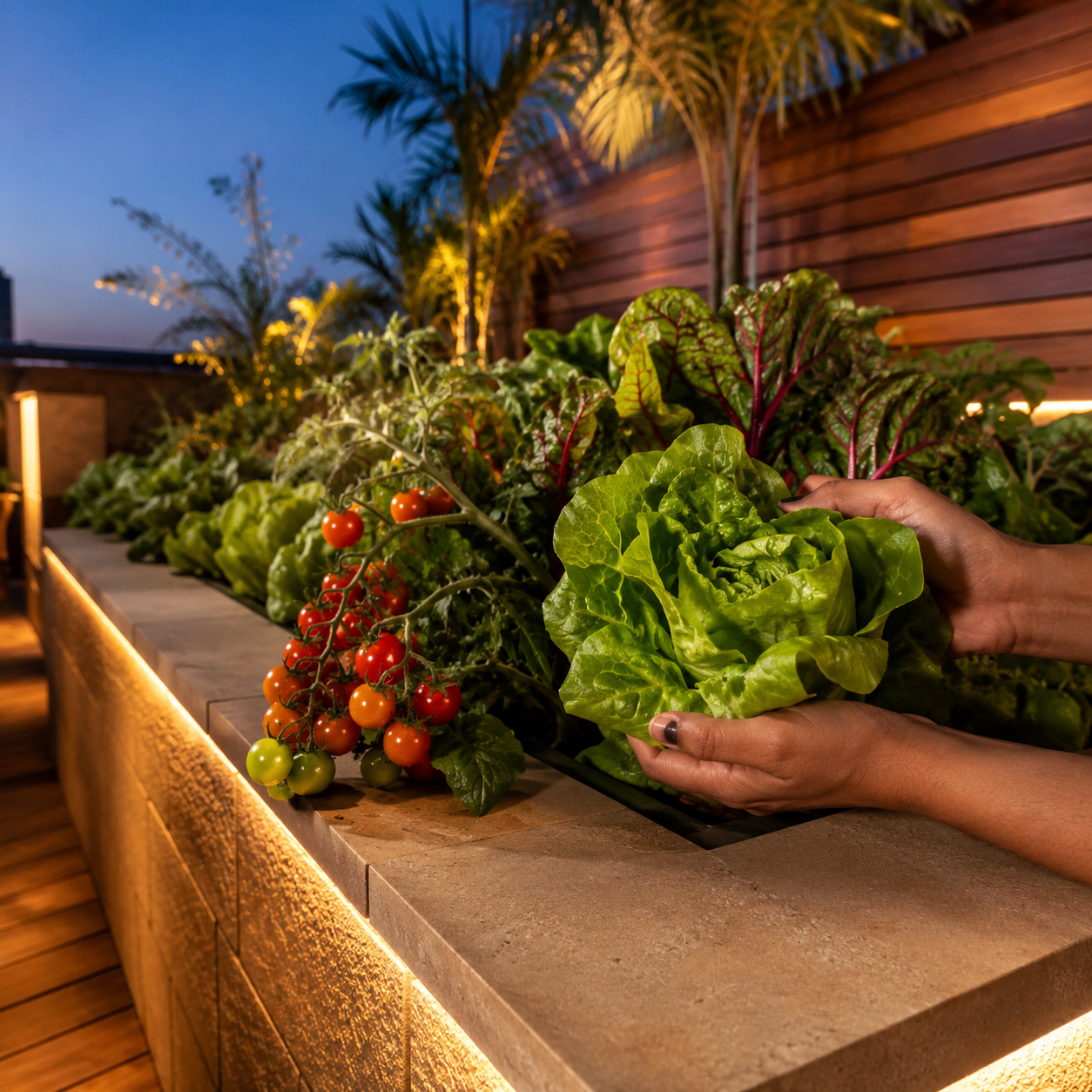 Terrace kitchen garden with raised grow beds and timber screening
