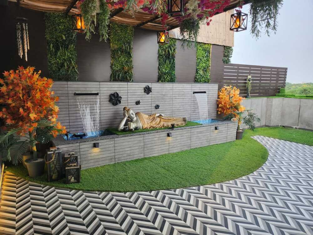 Hardscape garden pathway with stone steps and planted borders