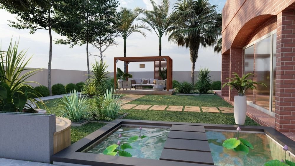 Full villa landscape with lawns and hardscape pathways