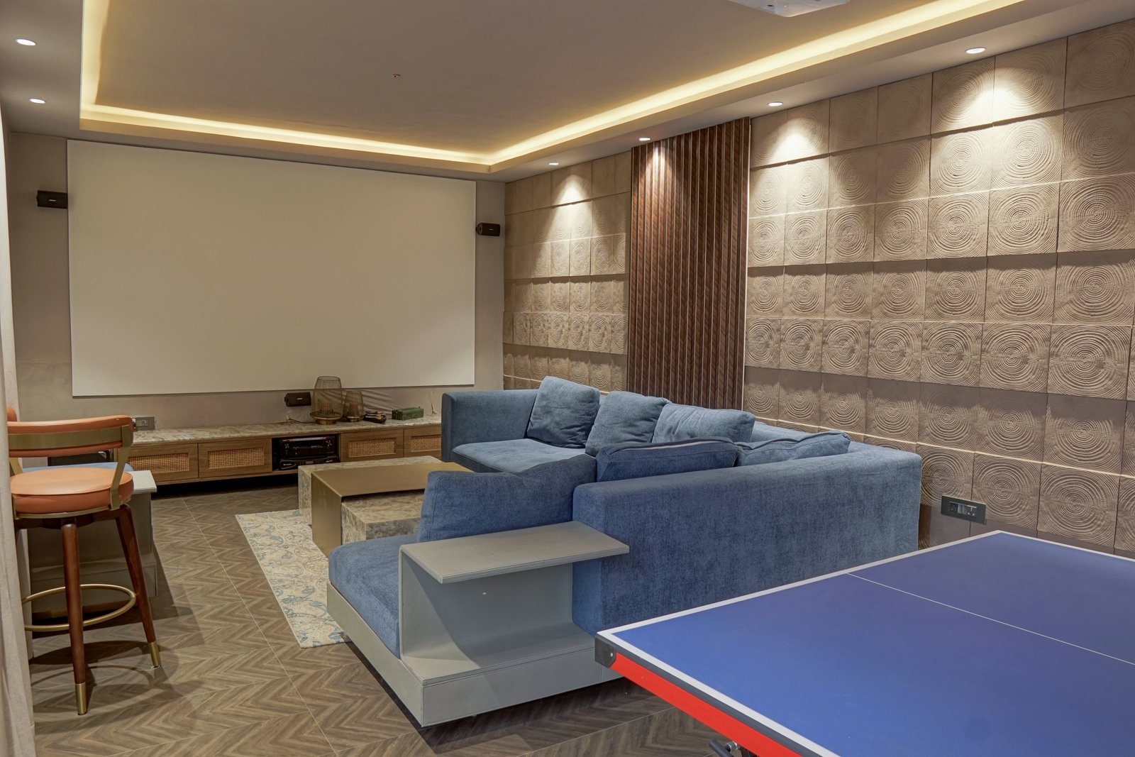 Luxury living room with natural stone feature wall