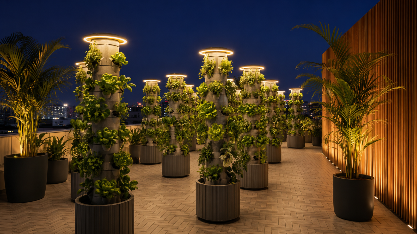 The Grove hydroponic tower with herbs and greens growing on a terrace